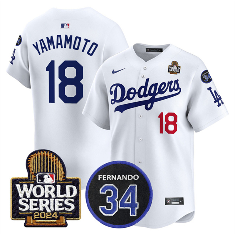 Men's Los Angeles Dodgers #18 Yoshinobu Yamamoto White 2024 World Series With Fernando Memorial Patch Limited Stitched Baseball Jersey Men's Los Angeles Dodgers #18 Yoshinobu Yamamoto White 2024 World Series With Fernando Memorial Patch Limited Stitched Baseball Jersey